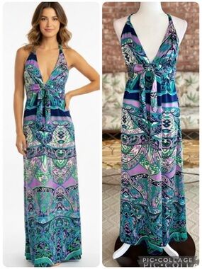 Alice & Trixie Maxi Dress Satin Halter Purple Print Low V-Neck M Retro